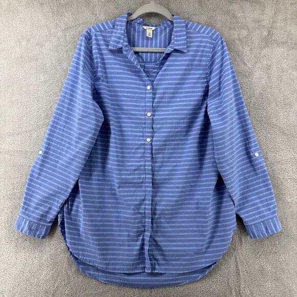 LL Bean Top Womens XL Blue Striped Button Up Notch Neck Roll Tab Sleeves Tunic - Picture 1 of 16